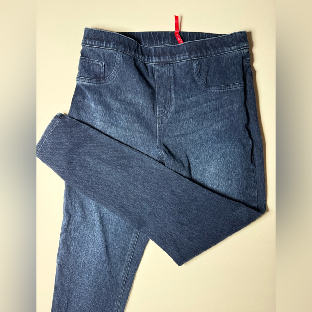 SPANX Jean-ish Ankle Leggings Size Large Dark wash Pull On Shaping Jeggings